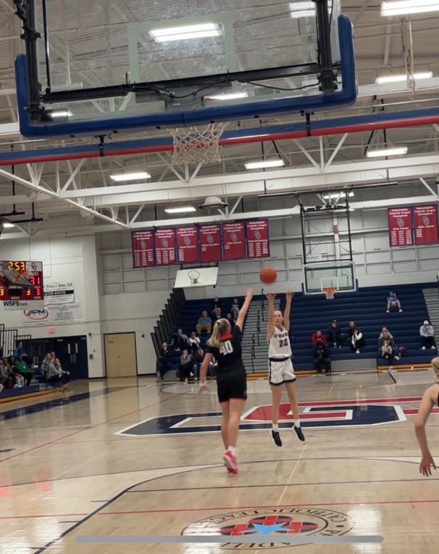 Cardinal O'Hara's Brigidanne Donohue puts up a three in the fourth quarter against Germantown Academy on Friday, Dec. 29, 2023. (Andrew Robinson/For MediaNews Group)