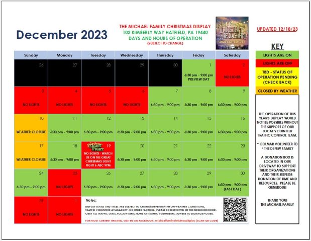 A calendar showing dates that The Michael Family Christmas Display on Kimberly Way will be viewable in Dec. 2032. (Photo via Facebook: The Michael Family Christmas Display)